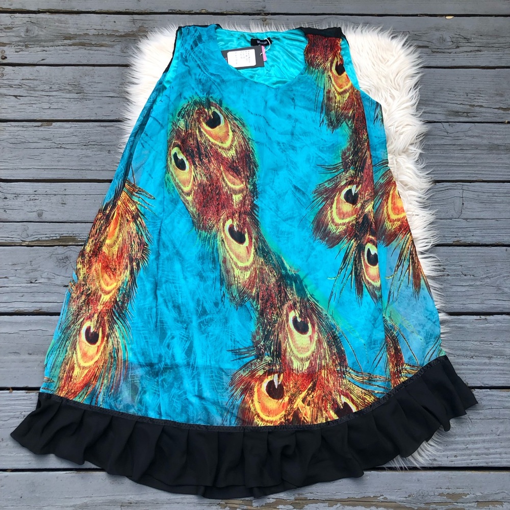 Peacock Ruffled Contrast Hem Sleeveless Flowy Blue Dress Women Plus, size XXL